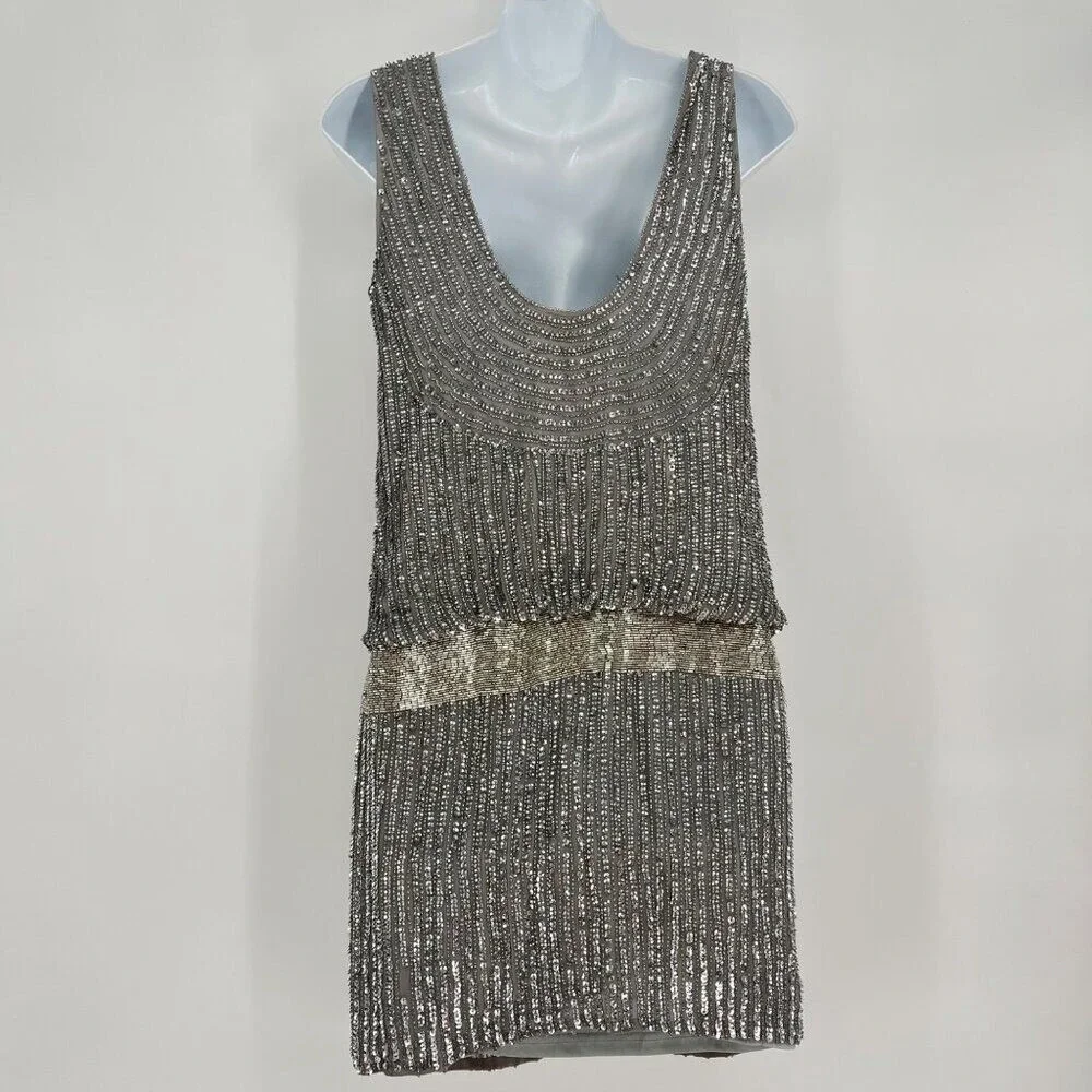 Adrianna‎ Papell Silver Sequin Sleeveless Flapper Party  Dress Size 6